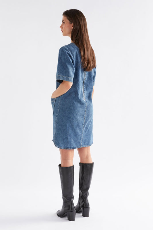 Rear View of Model wearing the Elk Rittra Dress – 100% cotton denim-inspired shift dress